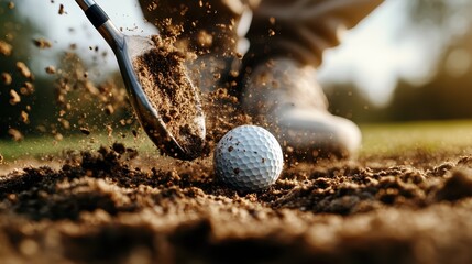 A golf ball is struck by a club, creating a spectacular sandy explosion effect, demonstrating precision and power in the art of golfing on a challenging course.