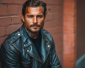 Obraz premium Stylish Leather Clad Man with Confident Edgy Expression in Gritty Urban Setting