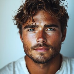 Obraz premium Handsome Young Man with Captivating Gaze and Minimalist Background