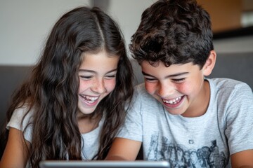 Two happy siblings laugh together while looking at a tablet screen.