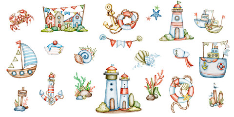 Cute children's hand painted watercolour clipart set elements&compositions 