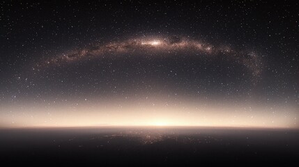 Milky Way galaxy arc over a planet's horizon at sunrise.