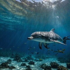 Naklejka premium A vibrant underwater scene with a playful dolphin swimming nearby.