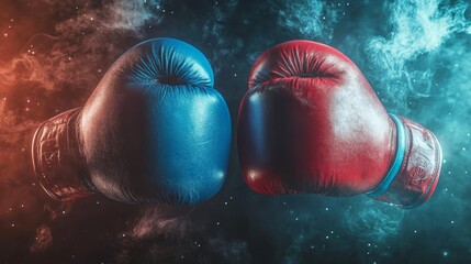 Clashing Boxing Gloves: Blue and Red Gloves in Smoke on Dark Background | Combat Sports, Fight Concept, Energy and Power