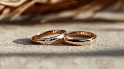 A pair of gold rings, one featuring a diamond, captured in soft light symbolizing unity and love, with a modern design that includes polished surfaces and elegance.