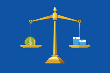 Vector illustration of a balance scale weighing stacks of cash, depicting financial equilibrium or imbalance.