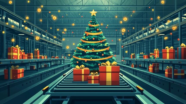 Necessities for building a Santa Claus factory for Christmas. A set for a holiday workshop that includes toys, wrapped presents, an automated conveyor belt, a gift bag, a tree, and a clock.