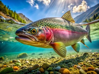 Fototapeta premium Macro Underwater Rainbow Trout Photography: Vivid Colors, Swimming Fish, Aquatic Life