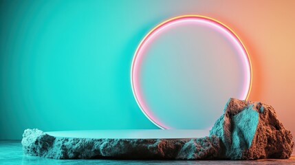 A vivid neon circle is the centerpiece of a rock-based art installation, combining natural elements with technological brilliance for dramatic effect.