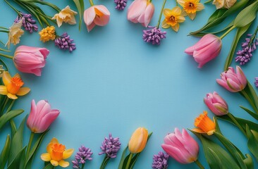Colorful spring flowers arranged on a light blue background showcasing tulips, hyacinths, and daffodils in a