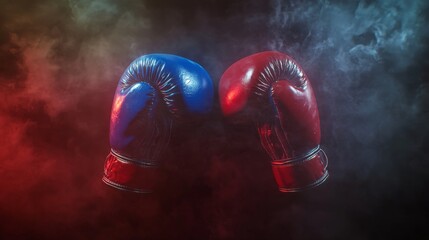 Clashing Boxing Gloves: Blue and Red Gloves in Smoke on Dark Background | Combat Sports, Fight Concept, Energy and Power