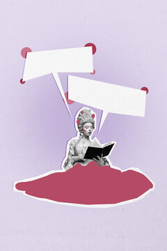 Creative artwork template sketch image 3D collage of vintage costume powdered wig aristocracy young lady sit read book talk coversation