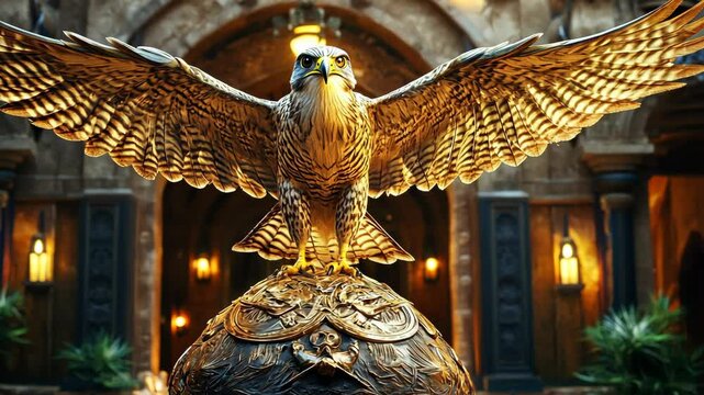 Majestic golden eagle sculpture perched atop a decorative globe in an ornate architectural setting