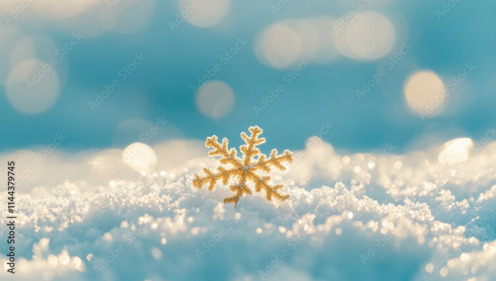 Poster close-up of a golden snowflake on clean, white snow with a blurred, light blue background, creating 