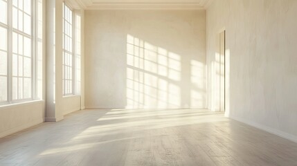Wide shot of an empty room with a freshly primed floor, showcasing the work-in-progress look of home renovation