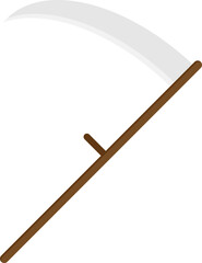 Traditional agricultural scythe with a long curved blade and wooden handle, used for cutting grass or crops.
