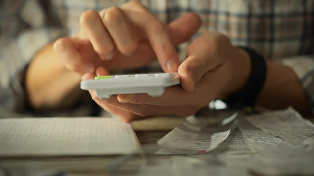 A person examines receipts and inputs numbers into a calculator, focusing on managing their expenses. Notes and additional receipts are scattered across the table, highlighting budgeting efforts
