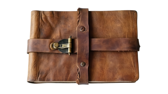 Leather bound journal with metal clasp resting on a plain background, showcasing rustic craftsmanship and vintage design features.