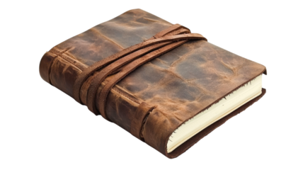 A beautifully crafted leather-bound journal resting on a neutral background with elegant stitching and a delicate strap for closure.