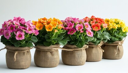 Beautifully arranged vibrant flowering pots lined up on a neutral background showcasing a variety of colors and