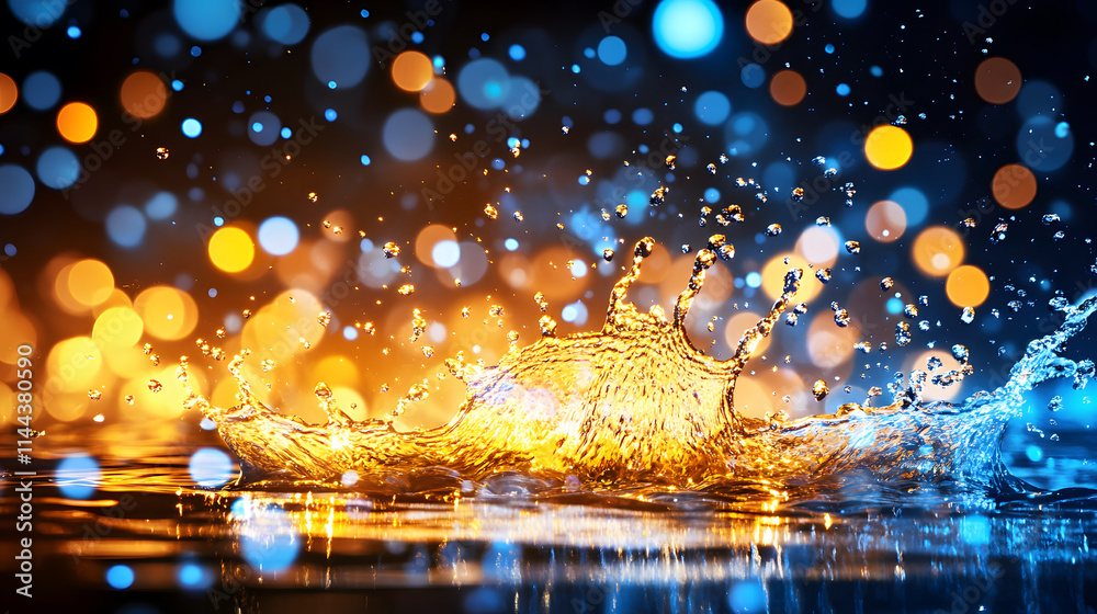 Poster A vibrant splash of water illuminated by colorful bokeh lights, creating a dynamic and artistic visual effect