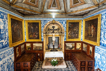 Interior and magnificent azulejo tiling in the famous Santuario de Nossa Senhora da Nazare in...