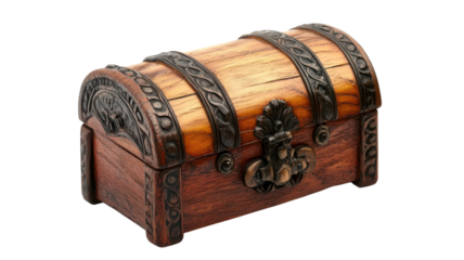 A beautifully crafted wooden treasure chest with intricate metal accents, showcasing a blend of artistry and functionality in an elegant design.