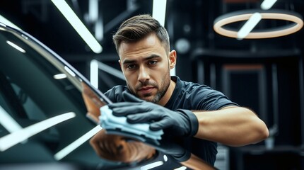Focused Detailing: A meticulous car detailer meticulously polishes a sleek, black vehicle, showcasing precision and expertise in a modern auto detailing workshop.