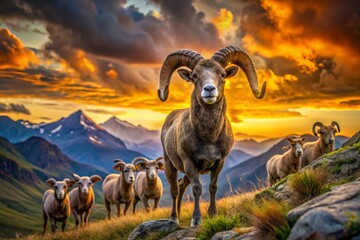 Naklejka premium Majestic Ram Panoramic Landscape: Epic Mountain Scenery, Wild Sheep, Nature Photography