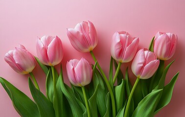Fototapeta premium Beautiful pink tulips arranged elegantly on a soft pink background, showcasing the vibrant colors and delicate