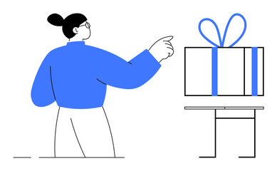 Woman pointing at a neatly wrapped gift box with blue ribbon placed on a table. Ideal for celebrations, gifts, achievements, reward, holidays, appreciation, surprises. Line metaphor