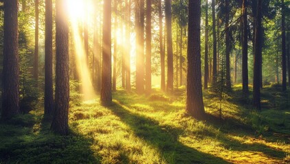 Fototapeta premium Sunlight piercing the fog in a natural spruce forest creates an enchanting ambiance.