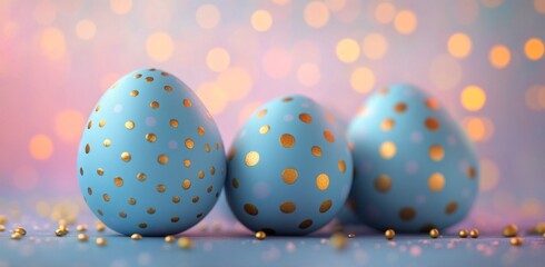 Decorative blue Easter eggs with golden spots arranged on a surface, creating a festive atmosphere with a soft