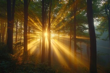 The forest landscape was illuminated by bright, magical sun rays, with a lovely golden color filter enhancing the scene.