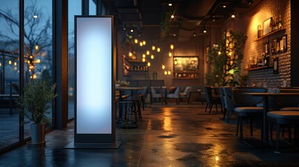 Fototapeta premium A cozy restaurant interior with warm lighting and modern decor, inviting for dining.