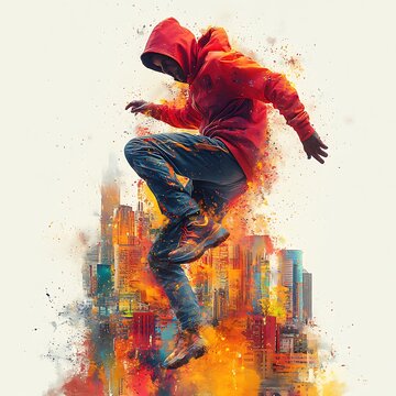 Whimsical parkour icon, traceur leaping between colorful rooftops, black background ::2 urban playground, free-spirited jumps, vibrant cityscape, kinetic energy, white background, vector graphic, 