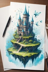 Sheet of Paper and Quill on a Table Surrounded by Interconnected Beautiful Fairies