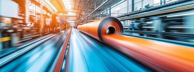 Close-up of Printed Paper Roll Moving Through Press Machine, Creating Colorful Motion Blur Background, Industrial Process Concept, Printing Technology, Manufacturing Industry.