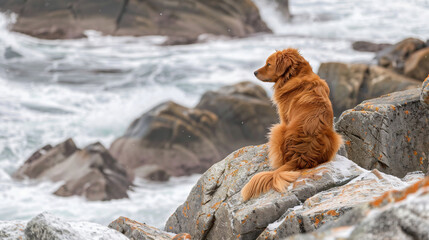 Fototapeta premium dog outdoors in winter at the rocks. Nova Scotia duck tolling Retriever. Travelling with a pet.