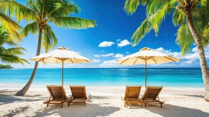 Obraz premium Idyllic tropical beach scene with lounge chairs and umbrellas.