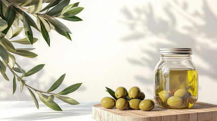 olives on wood podium with olive oil small opened jar