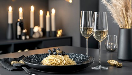 Romantic Dinner Featuring Spaghetti and Champagne
