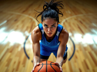 Dynamic women in sports - focused female athlete ready for action in basketball court