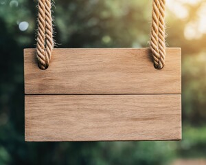 Blank wooden sign hanging by two thick ropes, with a blurred green background and warm sunlight filtering through