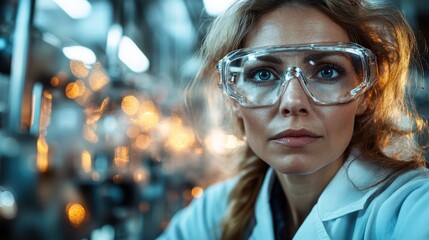 A focused researcher wearing protective gear delves into data in an advanced lab setting, epitomizing modern scientific pursuit and technological progress.