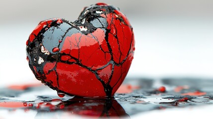 Cracked red heart with black cracks and water droplets on reflective surface.
