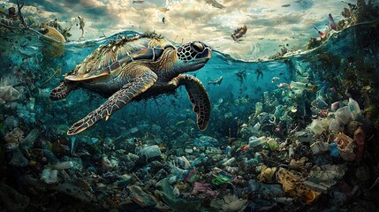 An ocean covered in floating garbage, with a sea turtle entangled in plastic
