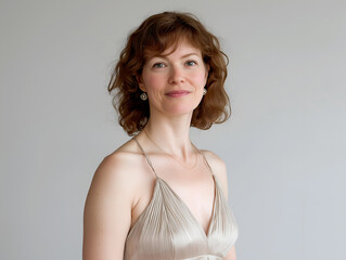 Elegant woman with soft smile in sleeveless dress. Stylish and confident portrait on neutral background, perfect for fashion editorials, lifestyle branding, and promotional content