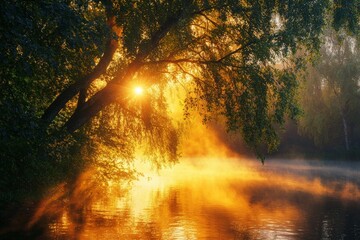 Fototapeta premium The river is shrouded in fog during a summer morning sunrise.