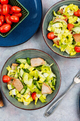 Salad with meat and fresh vegetables.